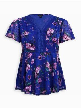 torrid Royal Blue Floral Lace V-Neck Blouse
